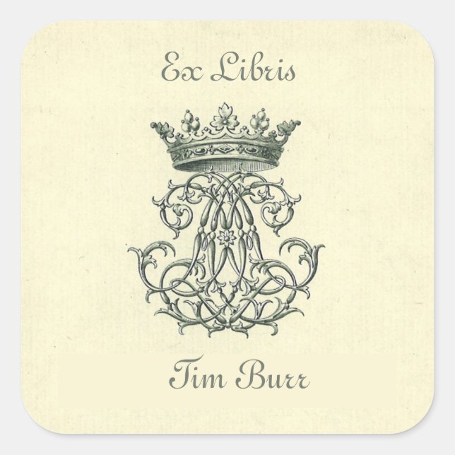 Editable Vintage Royal Crown Bookplate Square Sticker (Front)