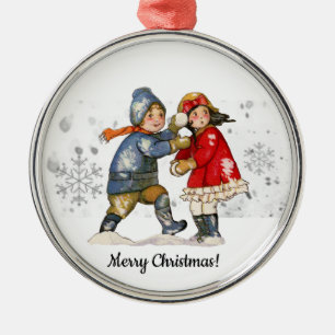 Editable Vintage Snowball Boy Girl Snow Christmas Metal Tree Decoration