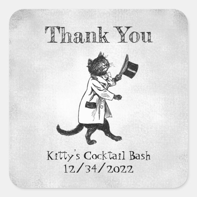 Editable Vintage Top Hat Cat Thank You Sticker (Front)