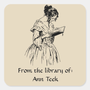Editable Vintage Victorian Lady Reading Bookplate Square Sticker