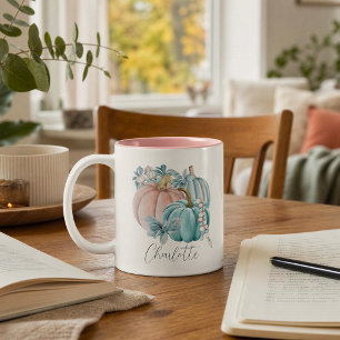 Editable Watercolor Blue Pink Pumpkin Name Autumn Two-Tone Coffee Mug