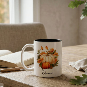 Editable Watercolor Cute Orange Pumpkin Patch Fall Two-Tone Coffee Mug