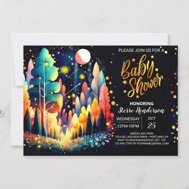 Editable Watercolor Fireflies Woods Baby Shower Invitation (Front)