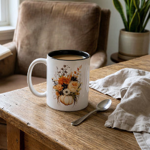 Editable Watercolor Flowers Cute Boho Pumpkin Fall Two-Tone Coffee Mug