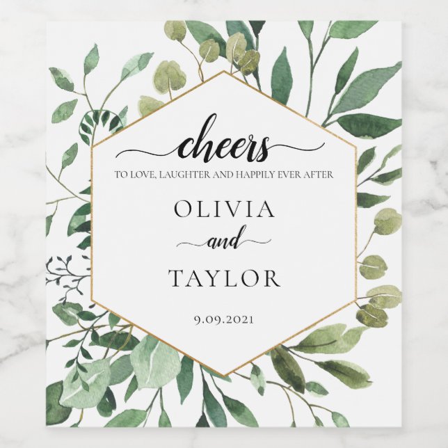 Editable Watercolor Greenery Cheers to Love Wine Label (Single Label)