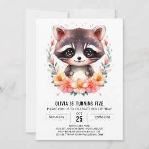  Editable Watercolor Racoon Girl Birthday Invitation