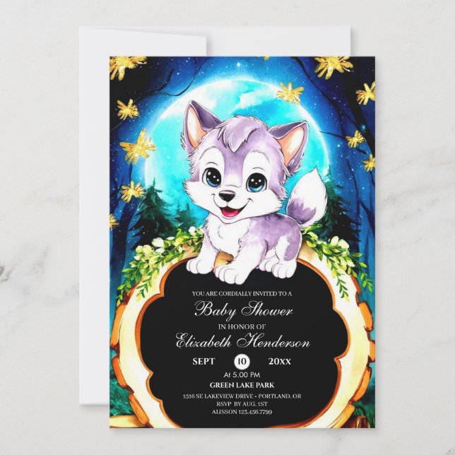 Editable Watercolor Wolf Baby Shower Invitation (Front)