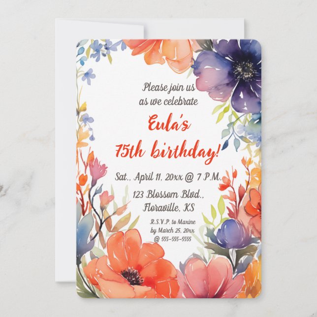 Editable Watercolour Flowers Birthday Invitation (Front)