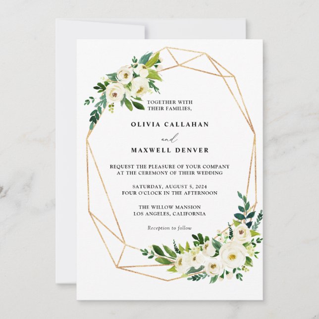 Editable Wedding Invitation Template, White & Gold (Front)