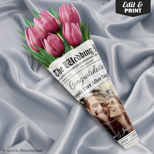Editable Wedding Newspaper Flower Bouquet Wrapping Paper Sheet (Editable Wedding Newspaper Flower Bouquet Wrapping Paper Sheets)