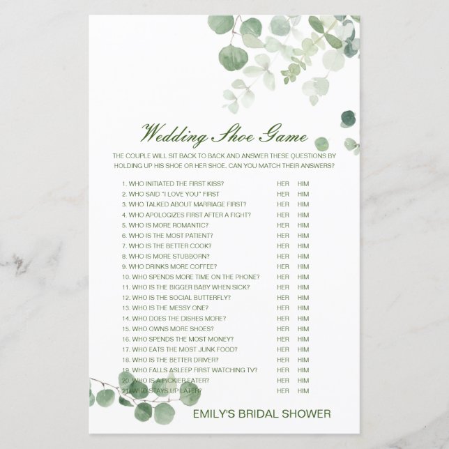 Editable Wedding Shoe Game Wedding Shower Game (Front)