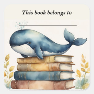 Editable Whale and Books Bookplate Sticker