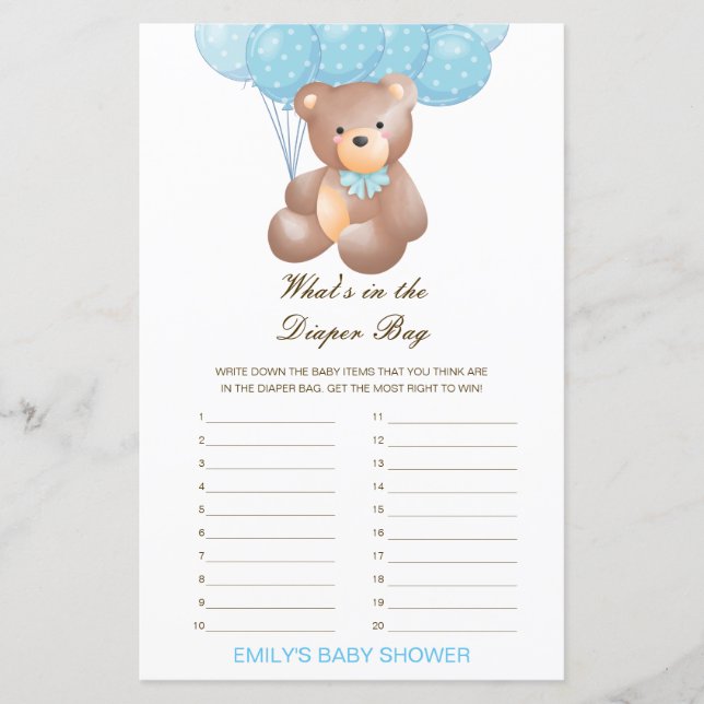 Editable What's in the Diaper Bag Baby Shower Game (Front)