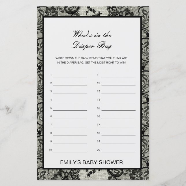 Editable What's in the Diaper Bag Baby Shower Game (Front)