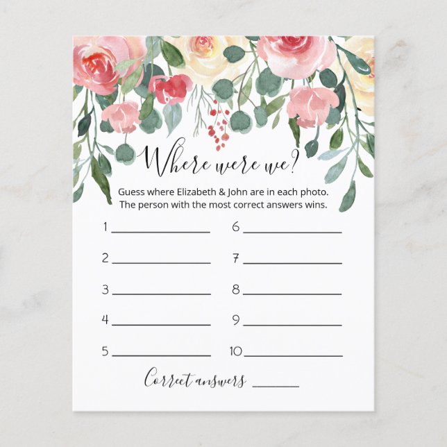 Editable Where Were We Bridal Shower game (Front)