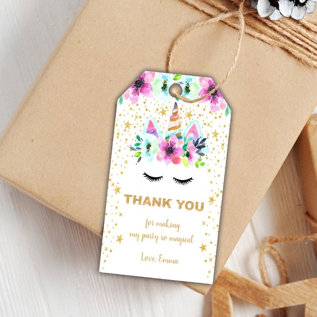 Editable Whimsical Favour Labels (Green Floral Unicorn Birthday Gift Tags)