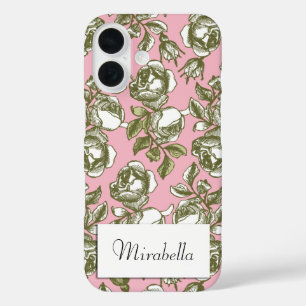 Editable White and Golds Vintage Roses on Pink iPhone 16 Case