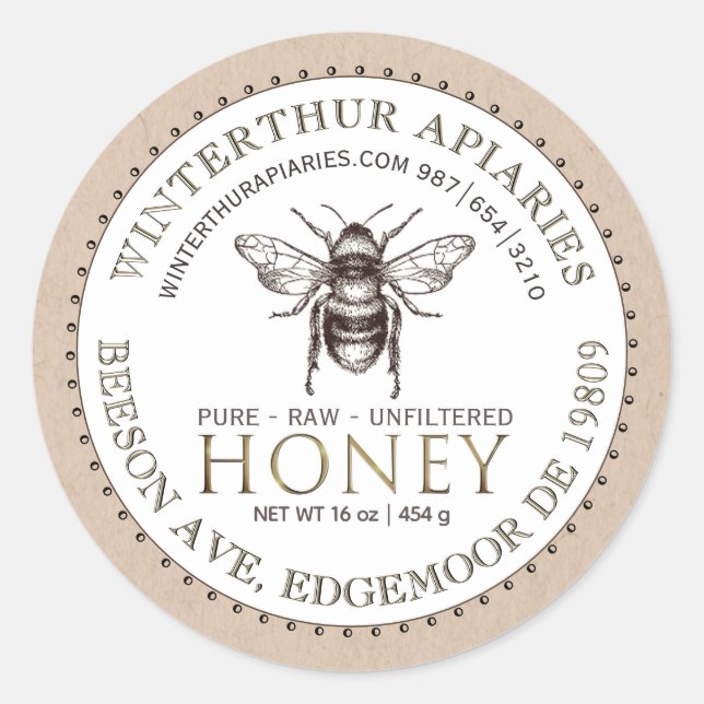 Editable White and Kraft Honey Jar Bee Label  (Front)