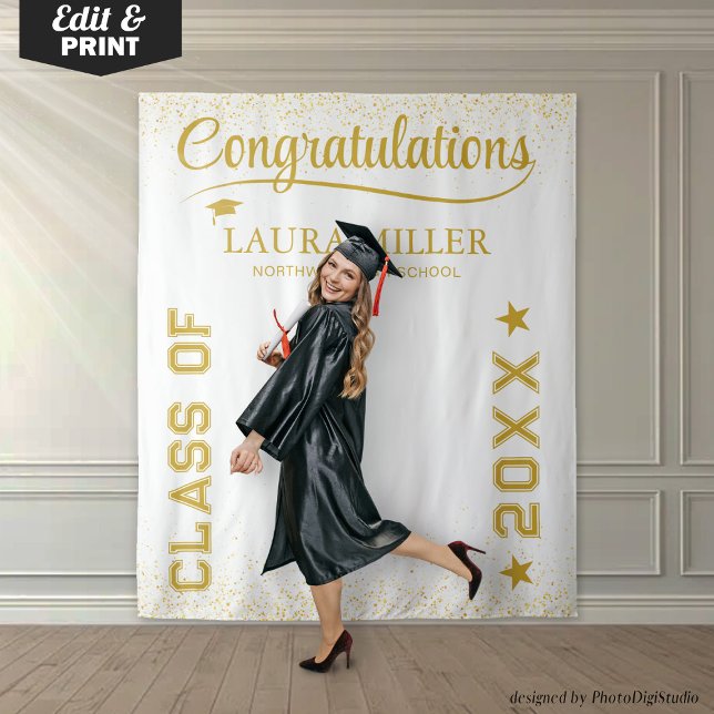 Editable White & Gold Graduation Photo Backdrop Tapestry (Editable White & Gold Graduation Photo Backdrop)