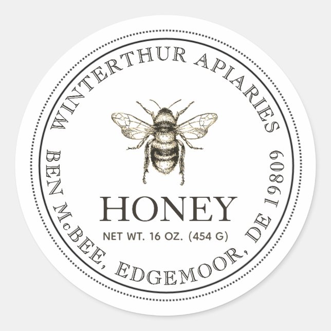 Editable White Honey Jar Bee Label  (Front)