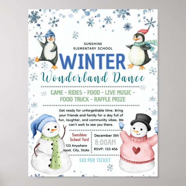 Editable winter dance snowman fundraiser flyer poster (Front)