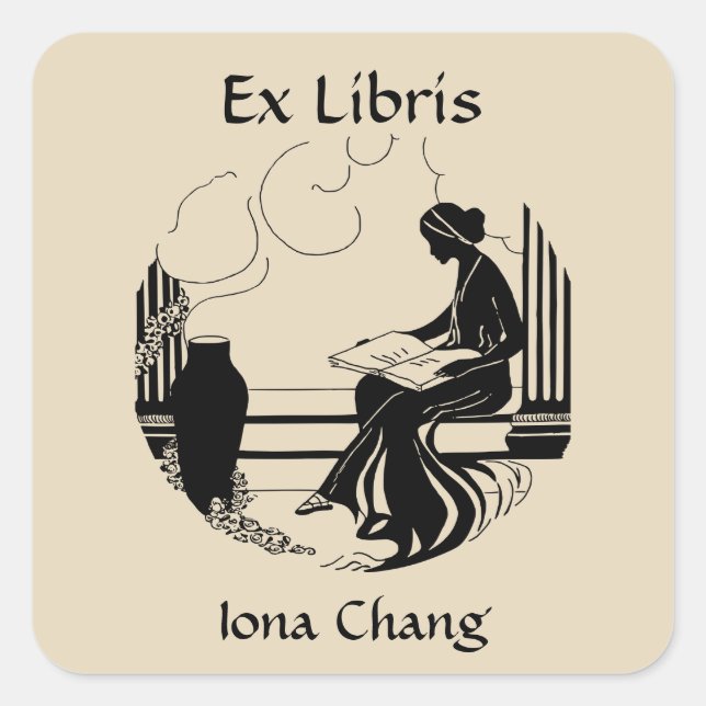 Editable Woman Reading Near Vase Bookplate Square Sticker (Front)