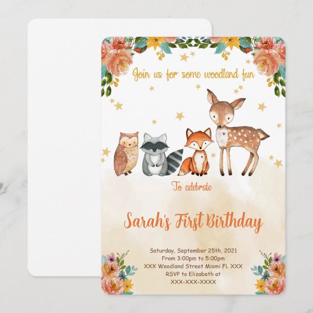 Editable Woodland Birthday Invitation (Front/Back)