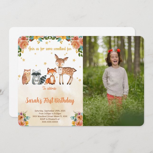 Editable Woodland Birthday Photo Invitation (Front/Back)