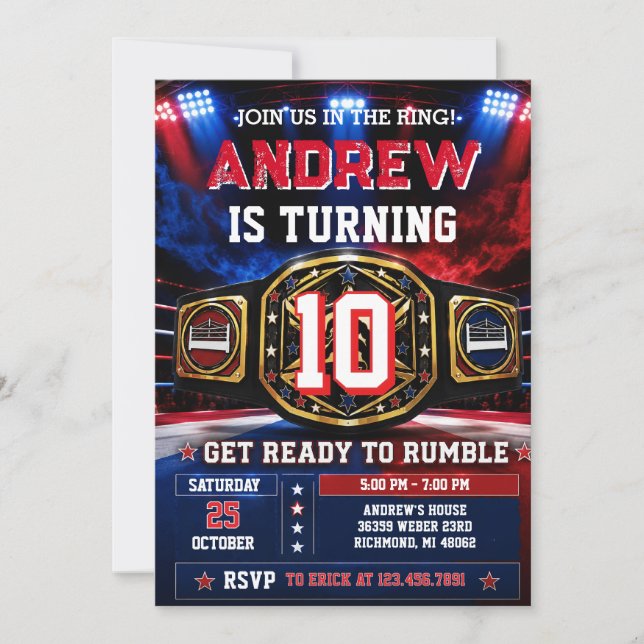 Editable Wrestling Birthday Party Invitation (Front)