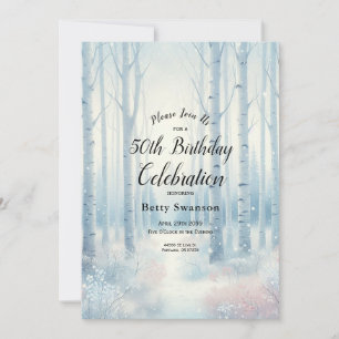 Editable Year Frosted Blue Birch Forest Birthday Invitation
