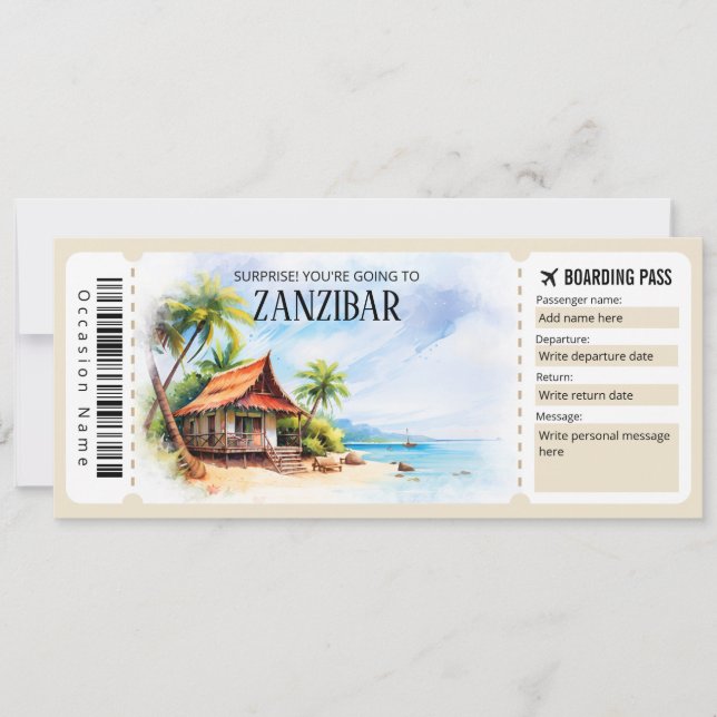 Editable Zanzibar Tanzania Plane Boarding Pass Invitation (Front)
