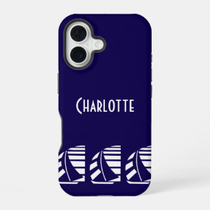 Editeable Nautical Racing Boats Blue White iPhone 16 Case