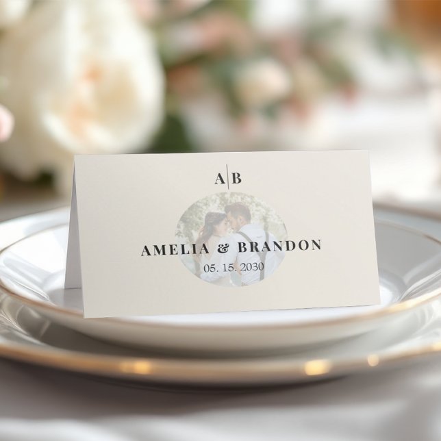 Editorial Ivory Monogram Photo Wedding Place Card (Creator Uploaded)