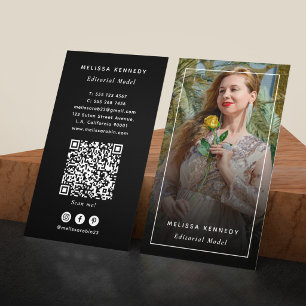 Editorial Model Photo Black and White QR Code Business Card