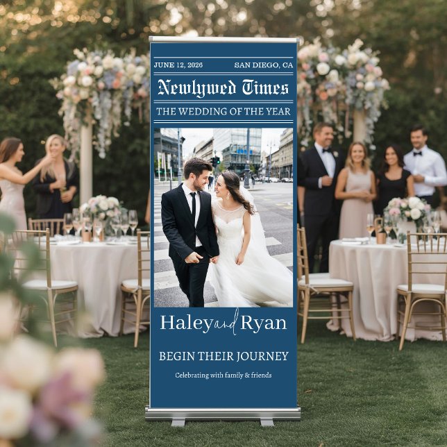 Editorial Newspaper Wedding Welcome, Navy Blue Retractable Banner (Creator Uploaded)