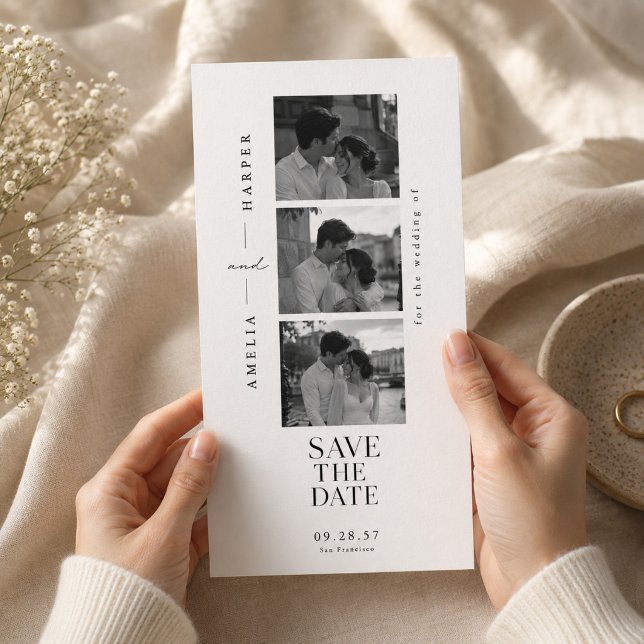 Editorial Photo Strip Save the Date Wedding Card. (Creator Uploaded)