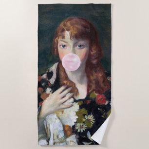 Edna blowing a pink bubble gum beach towel