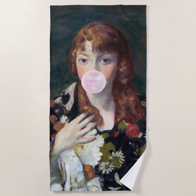 Edna blowing a pink bubble gum beach towel (Front)
