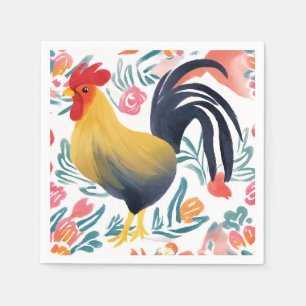 Edna the Rooster Watercolor Floral Chicken Napkin