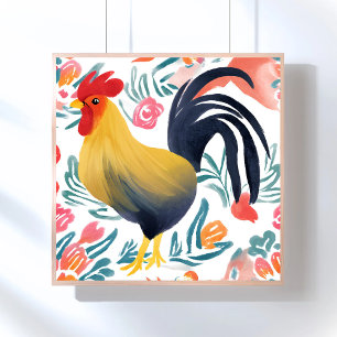 Edna the Rooster   Watercolor Floral Chicken Poster