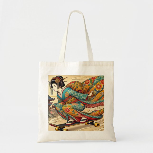 Edo Beauty on Skateboard - Ukiyo-e Style Tote Bag (Front)
