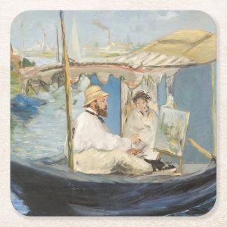 Edouard Manet - Monet Painting on His Studio Boat Square Paper Coaster