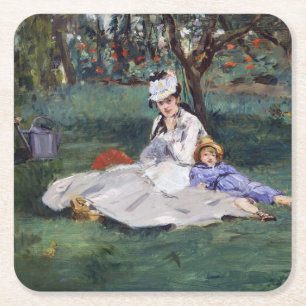 Edouard Manet - The Monet family in their garden Square Paper Coaster