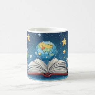 Educational concept featuring globes floating abov coffee mug