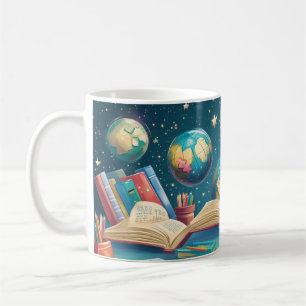 Educational concept featuring globes floating abov coffee mug