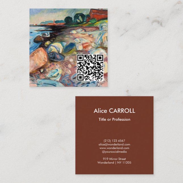 Edvard Munch - Shore with Red House - QR Code Square Business Card (Front/Back)