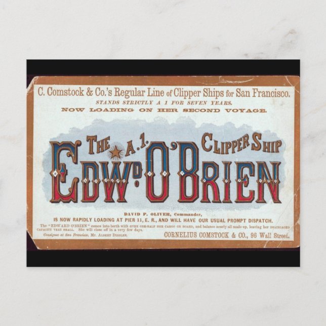 Edward O'Brien Clipper sailing ship 1900 Postcard (Front)