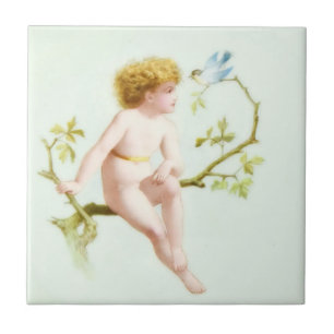 Edwardian Era Blonde Baby and Bird Tile