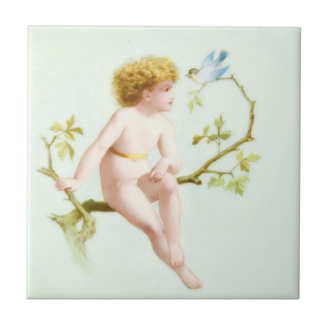 Edwardian Era Blonde Baby and Bird Tile (Front)