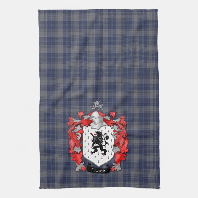 Edwards Family Crest and Tartan Tea Towel (Vertical)